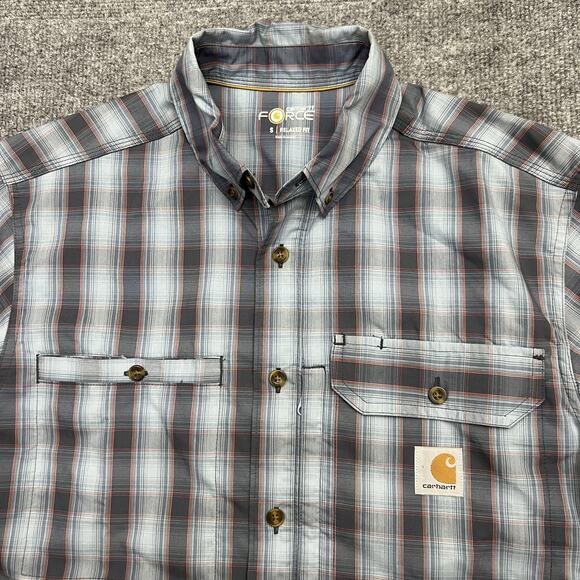 Carhartt Force Shirt Mens Small Gray Red Plaid Relaxed Fit Short Sleeve Workwear - Picture 1 of 9